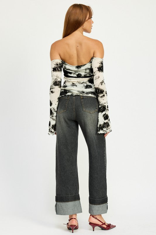 Women's Off the Shoulder Black & White Top with Lettuce Hem