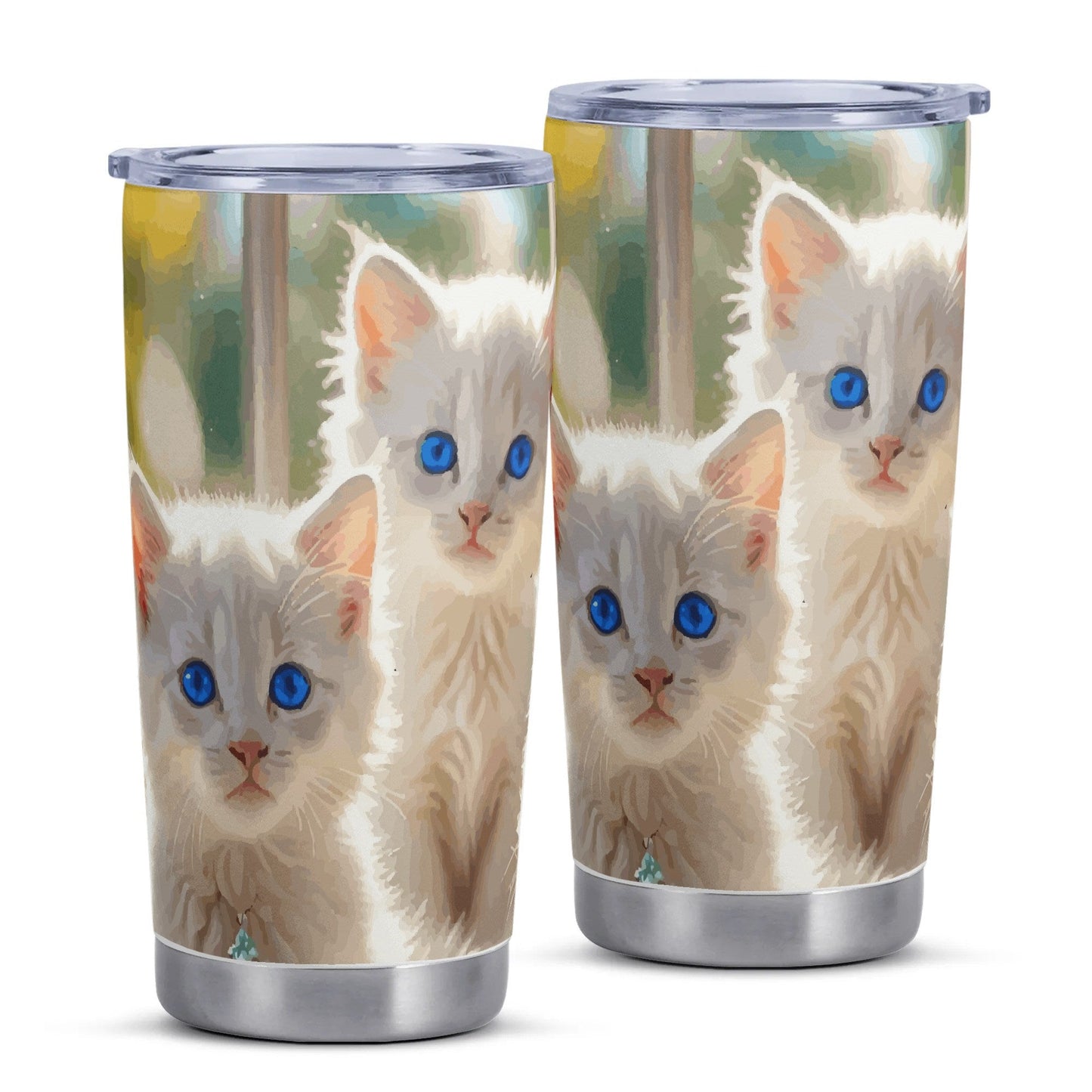 Cute White Kittens with Blue Eyes Stainless Steel 20oz Car Tumbler (Made in USA )