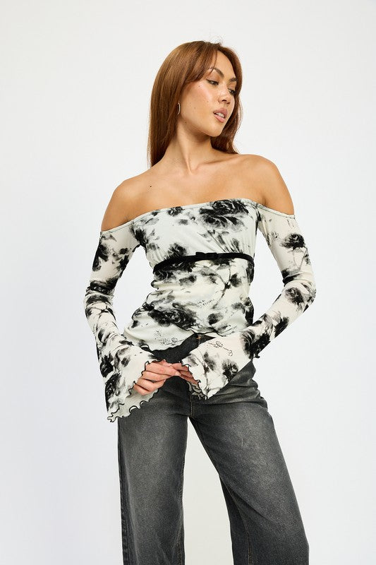 Women's Off the Shoulder Black & White Top with Lettuce Hem