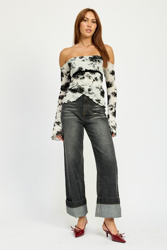 Women's Off the Shoulder Black & White Top with Lettuce Hem