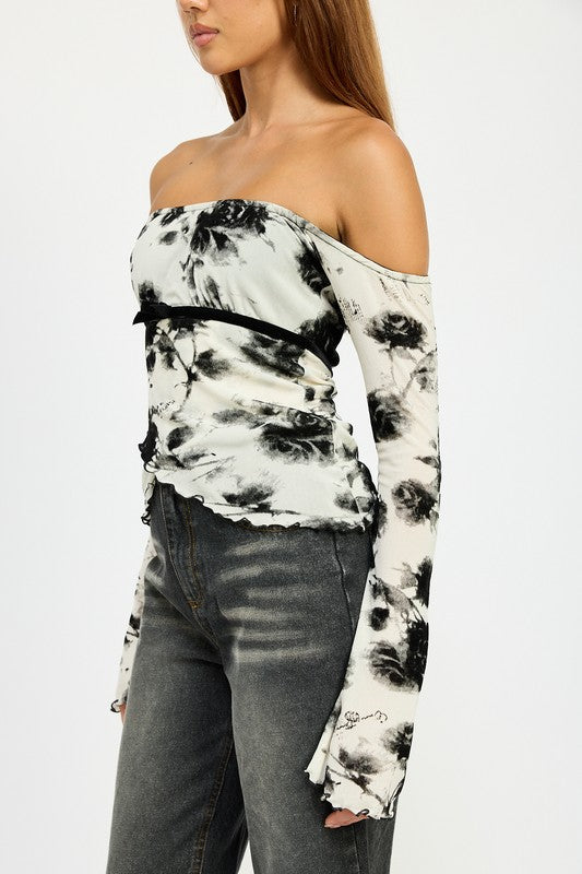 Women's Off the Shoulder Black & White Top with Lettuce Hem