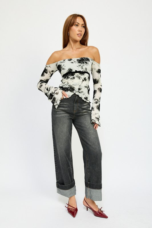 Women's Off the Shoulder Black & White Top with Lettuce Hem