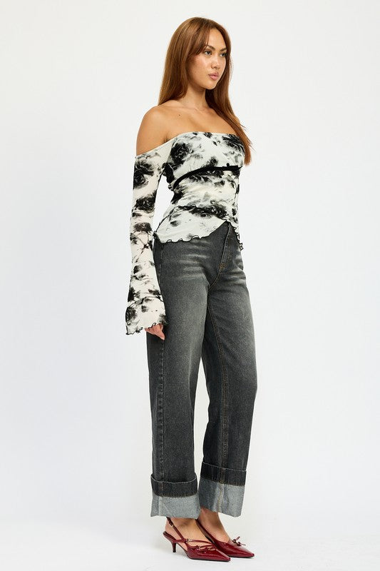 Women's Off the Shoulder Black & White Top with Lettuce Hem