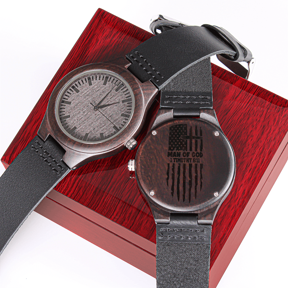 American Flag Man of God Faith Based Engraved Wooden Watch