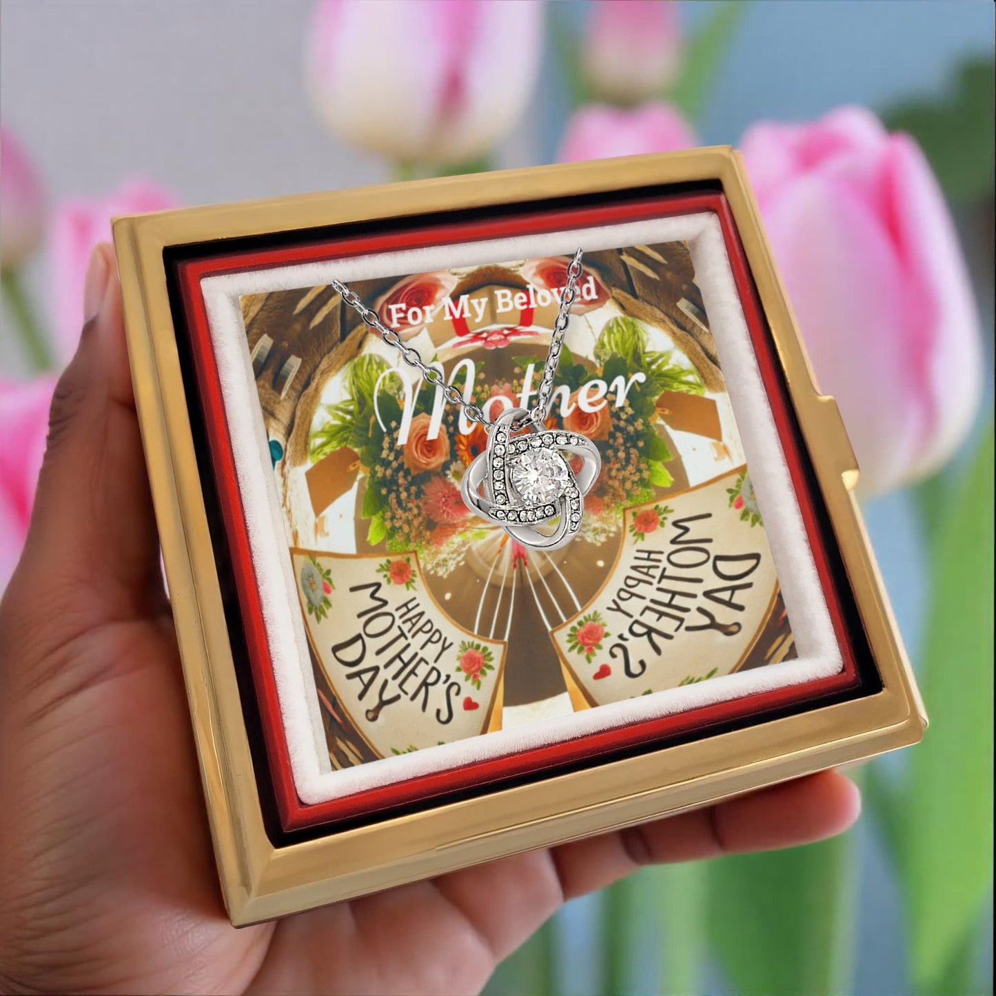 For My Beloved Mother on Mother's Day with Love Knot Necklace and Preserved Red Rose