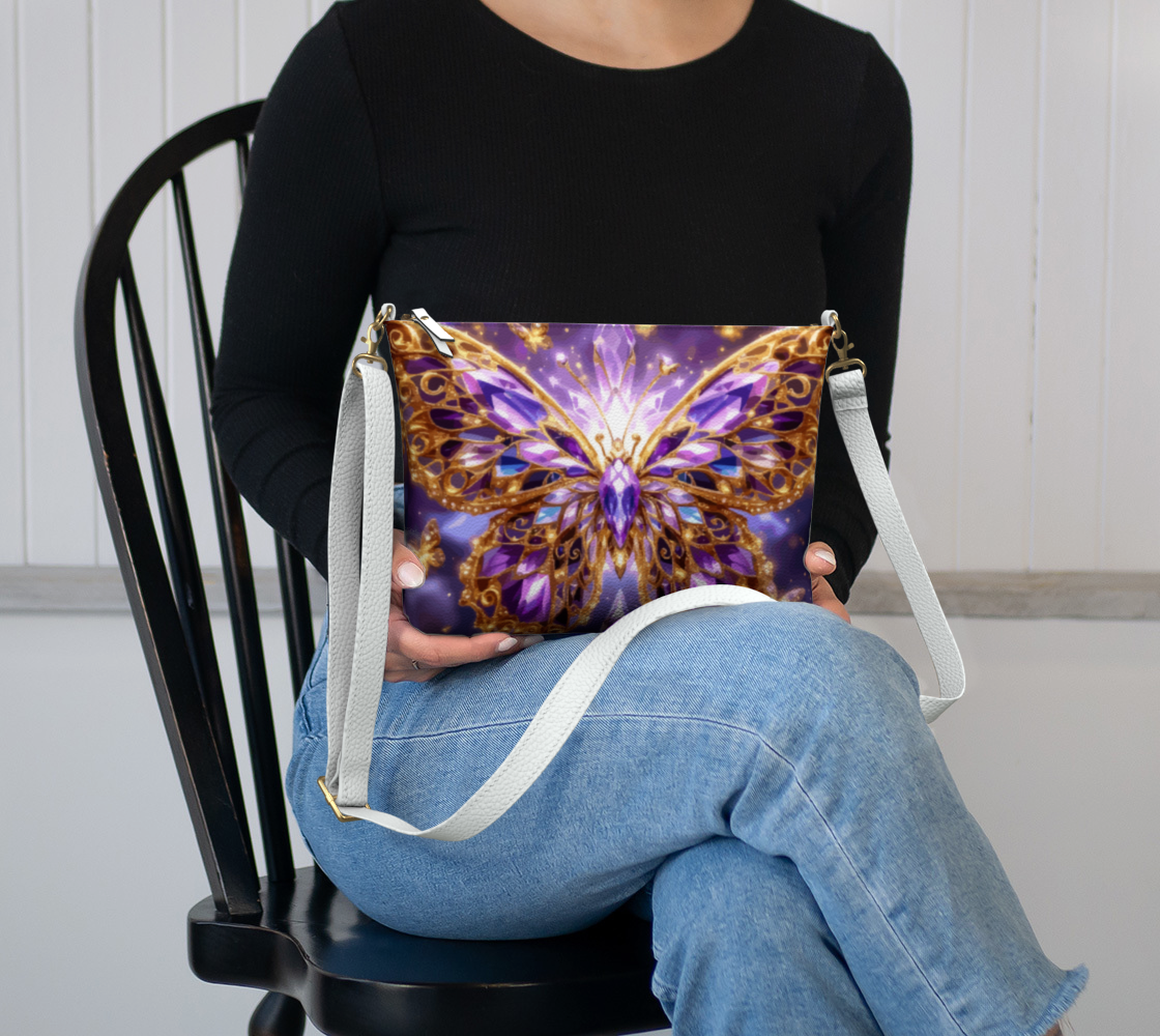 Crystal Purple Butterfly Vegan Leather Crossbody Bag